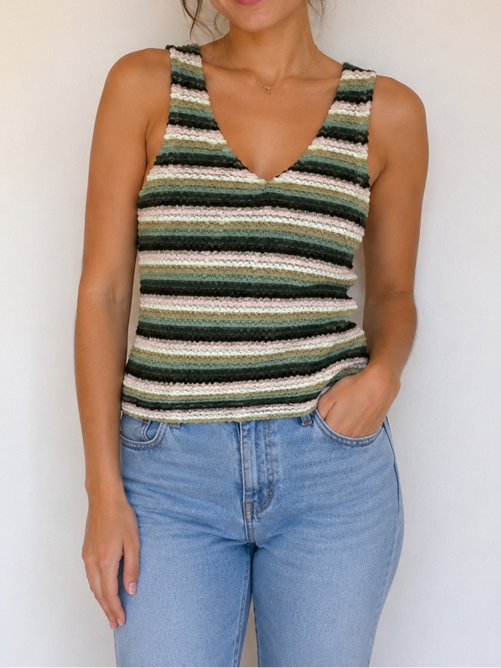 Striped Knit V-Neck Tank Top in Green & Cream